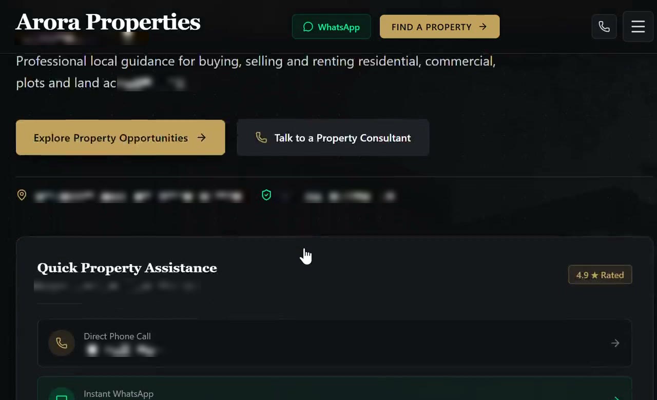 Desktop screenshot of the Arora Properties demonstration site, showing the hero copy, two calls to action and a quick property assistance panel