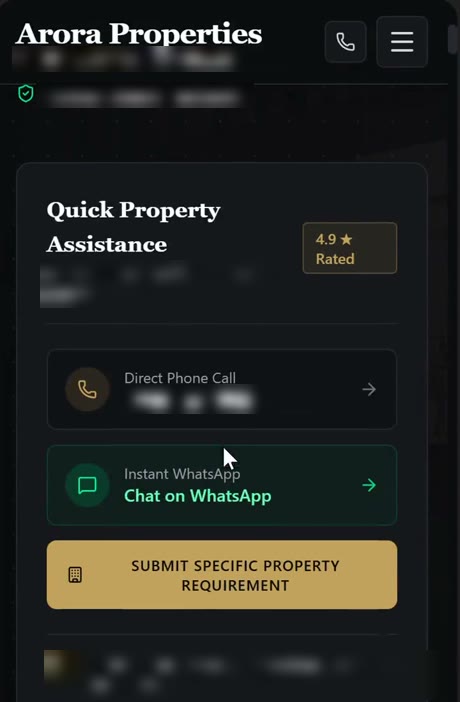 Mobile screenshot of the Arora Properties demonstration site, showing the quick assistance panel and a fixed bottom action bar