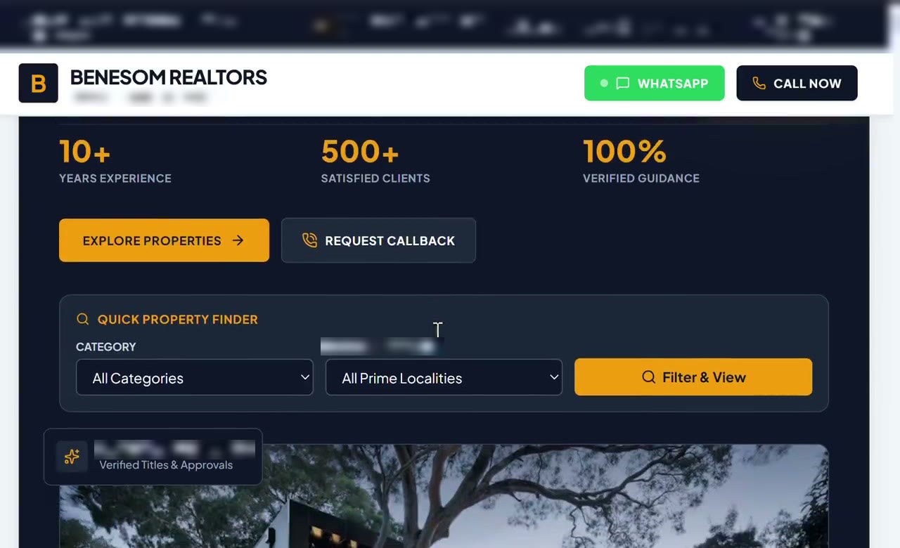 Desktop screenshot of the Benesom Realtors demonstration site, showing a statistics row, two calls to action and a quick property finder