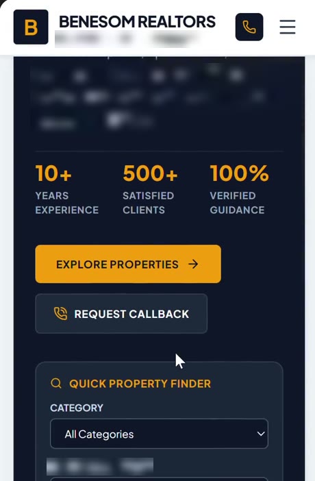 Mobile screenshot of the Benesom Realtors demonstration site, showing the statistics row and the quick property finder