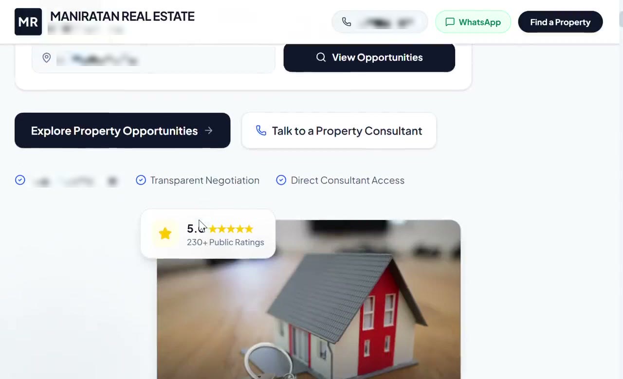 Desktop screenshot of the ManiRatan Real Estate demonstration site, showing a locality search, two calls to action and a trust row