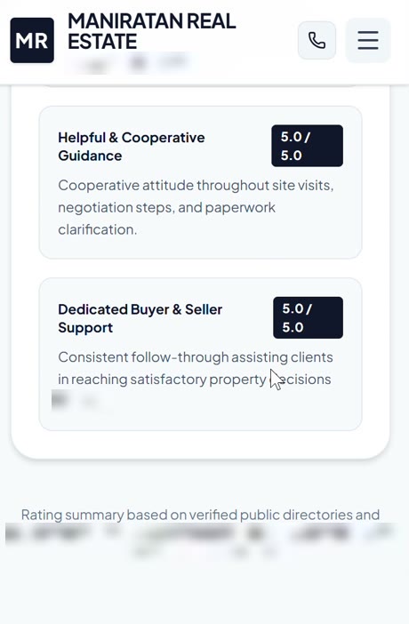 Mobile screenshot of the ManiRatan Real Estate demonstration site, showing rating breakdown cards